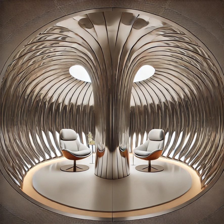 Concept rendering of The Sphere interior: two lounge chairs facing each other under curved, ribbed reflective walls